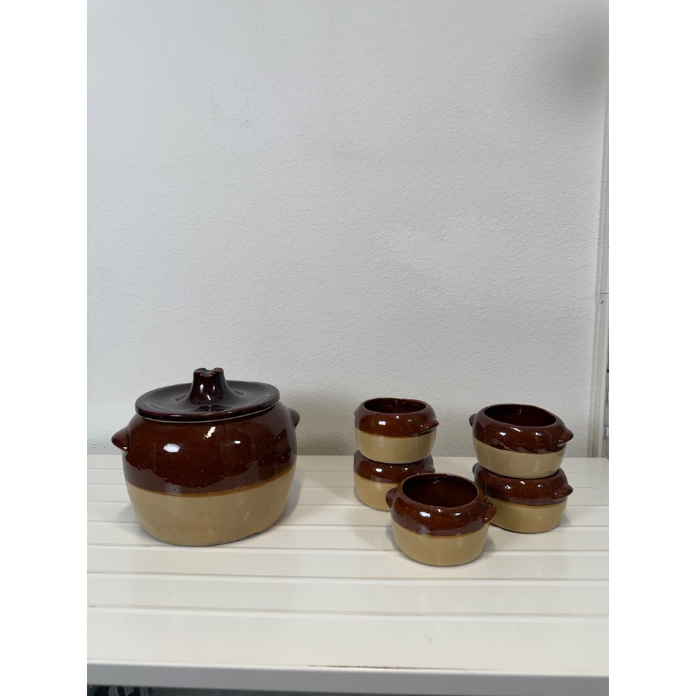 Vintage Two Tone Brown Stoneware Bean Pot with 5 Matching Individual Crocks Set